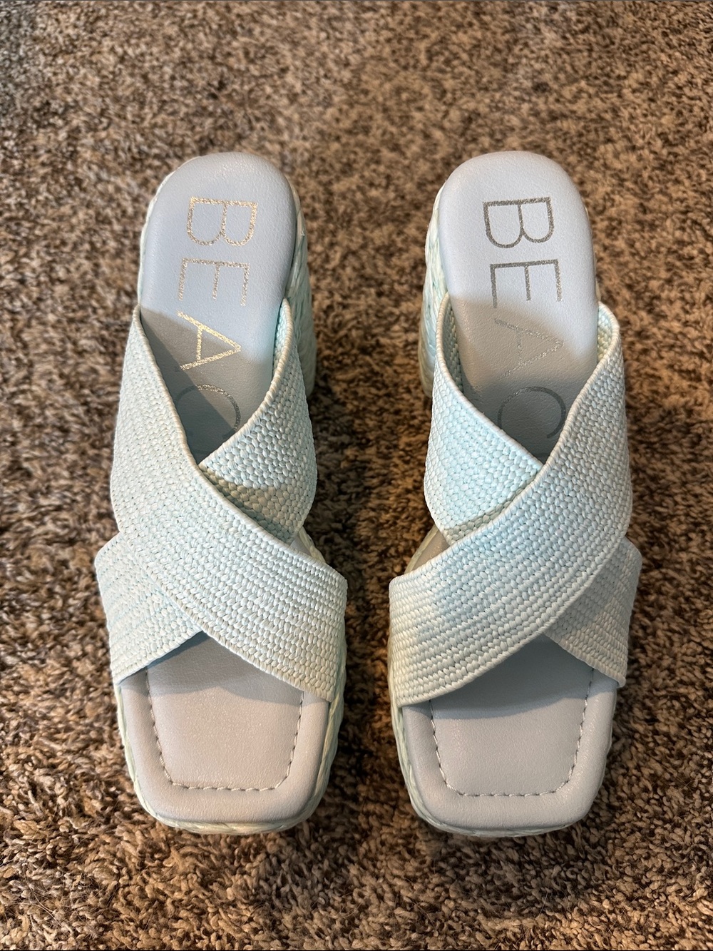 New in Box Aqua Blue Crisscross Slide Mules